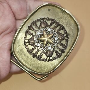 3" Detailed Western Star Texas rectangle antique brass gold vintage belt buckle